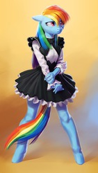 Size: 1000x1778 | Tagged: safe, artist:makkon, rainbow dash, pegasus, anthro, g4, clothes, female, maid, rainbow maid, solo, tomboy taming