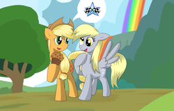 Size: 4096x2598 | Tagged: safe, artist:nekokevin, applejack, derpy hooves, pegasus, pony, g4, female, mare, muffin