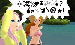 Size: 1153x692 | Tagged: safe, artist:the-horrible-mu, artist:theshadowman97, applejack, fluttershy, human, g4, 3d, belly button, flood, grawlixes, humanized, midriff, mmd, shocked, speech bubble, sweet apple acres