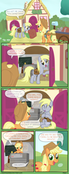 Size: 1280x3190 | Tagged: safe, artist:moemneop, applejack, derpy hooves, pegasus, pony, comic:return to equestria, g4, comic, female, mare