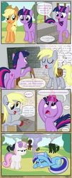 Size: 1280x3155 | Tagged: safe, artist:moemneop, applejack, derpy hooves, minuette, sweetie belle, twilight sparkle, pegasus, pony, comic:return to equestria, g4, comic, female, mare