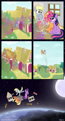 Size: 1280x2375 | Tagged: safe, artist:moemneop, applejack, derpy hooves, dinky hooves, twilight sparkle, pegasus, pony, comic:return to equestria, g4, comic, female, i just don't know what went wrong, mare