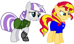 Size: 1024x605 | Tagged: safe, artist:ironm17, sunset shimmer, twilight velvet, pony, unicorn, g4, clothes, croatia, duo, duo female, female, football, glare, gloves, grin, jersey, mare, raised hoof, short-sleeved goalkeeper jersey, simple background, smiling, smirk, transparent background, world cup