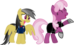 Size: 2092x1283 | Tagged: safe, artist:ironm17, cheerilee, daring do, earth pony, pegasus, pony, g4, ^^, clothes, duo, duo female, eyes closed, female, football, gloves, japan, jersey, mare, short-sleeved goalkeeper jersey, simple background, transparent background, world cup