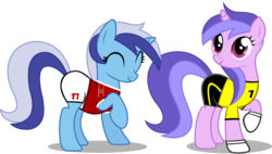 Size: 2141x1215 | Tagged: safe, artist:ironm17, minuette, sea swirl, seafoam, pony, unicorn, g4, ^^, clothes, duo, duo female, eyes closed, female, football, gloves, jersey, mare, raised hoof, short-sleeved goalkeeper jersey, simple background, switzerland, transparent background, world cup