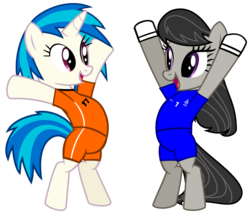 Size: 1280x1098 | Tagged: safe, artist:ironm17, dj pon-3, octavia melody, vinyl scratch, earth pony, pony, unicorn, g4, clothes, female, football, gloves, jersey, mare, netherlands, short-sleeved goalkeeper jersey, simple background, transparent background, world cup