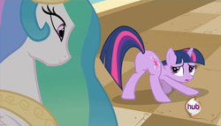 Size: 1869x1066 | Tagged: safe, edit, edited screencap, screencap, princess celestia, twilight sparkle, pony, unicorn, princess molestia, a canterlot wedding, g4, ass up, female, hub logo, mare, twibutt