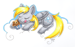 Size: 900x563 | Tagged: safe, artist:snacky-bites, derpy hooves, pegasus, pony, g4, cloud, cloudy, female, mare, muffin, sleeping, solo