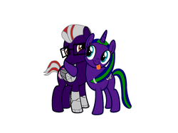 Size: 1152x864 | Tagged: safe, oc, oc only, oc:gearhead, oc:silver link, cyborg, pegasus, pony, unicorn, augmented, donut steel, glasses, prosthetic limb, prosthetic wing, prosthetics, scientist, siblings, story included, tongue out