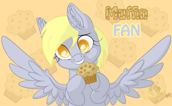Size: 900x554 | Tagged: safe, artist:unisoleil, derpy hooves, pegasus, pony, g4, ear fluff, fan, female, mare, muffin, solo