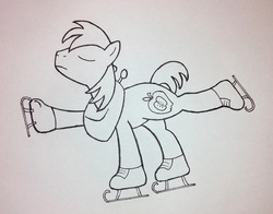 Size: 1280x1003 | Tagged: safe, artist:schnitzellover, big macintosh, earth pony, pony, g4, eyes closed, ice skates, male, monochrome, solo, stallion, traditional art