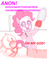 Size: 893x1155 | Tagged: safe, artist:redanon, pinkie pie, oc, oc:anon, g4, chainsaw, hockey mask, hoof hold, male, open mouth, screaming, simpsons did it, smiling, the simpsons, wide eyes