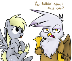Size: 500x427 | Tagged: safe, derpy hooves, gilda, griffon, pegasus, pony, g4, ask, derp, female, gilda replies, grumpy, mare, open mouth, pointing, smiling, spread wings, tongue out, tumblr, wings