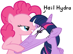 Size: 2376x1778 | Tagged: safe, artist:thecheeseburger, pinkie pie, twilight sparkle, alicorn, pony, g4, face pull, female, hail hydra, mare, stretching, twilight sparkle (alicorn), why the long face