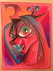 Size: 768x1024 | Tagged: safe, artist:andy price, queen chrysalis, changeling, changeling queen, g4, fangs, female, solo, traditional art