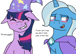 Size: 502x358 | Tagged: safe, artist:spiritwolf223, trixie, twilight sparkle, g4, accessory swap, blushing, female, lesbian, ship:twixie, shipping