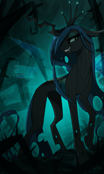 Size: 600x1000 | Tagged: dead source, safe, artist:probablyfakeblonde, queen chrysalis, changeling, changeling queen, g4, beautiful, female, smiling, solo, vine