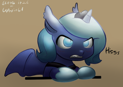 Size: 715x502 | Tagged: dead source, safe, artist:captain64, artist:ende26, princess luna, alicorn, bat pony, bat pony alicorn, pony, g4, angry, brown background, ear tufts, female, filly, frown, glare, gritted teeth, hissing, leaning, lunabat, race swap, simple background, solo, spread wings, woona, younger