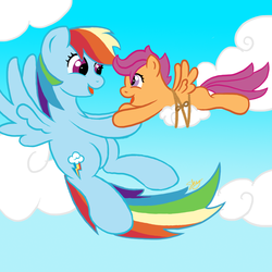 Size: 1000x1000 | Tagged: safe, artist:sky-sketch, rainbow dash, scootaloo, g4, cloud, cloudy, flying lesson, rope, scootalove, training cloud