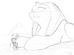 Size: 1024x768 | Tagged: safe, artist:topgull, hondo flanks, pony, sphinx, g4, building, monochrome, pyramid, sketch