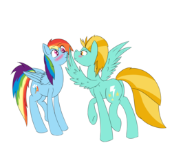 Size: 4799x3999 | Tagged: safe, artist:quinty-imara, lightning dust, rainbow dash, pegasus, pony, g4, blushing, boop, derp, female, lesbian, mare, raised hoof, raised leg, ship:rainbowdust, shipping, simple background, smiling, spread wings, transparent background, wide eyes, wing hands, wings