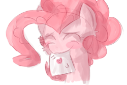 Size: 1500x1000 | Tagged: safe, artist:strabarybrick, pinkie pie, g4, blushing, colored, colored sketch, cute, diapinkes, eyes closed, female, heart, i love you, love letter, mouth hold, simple background, sketch, smiling, solo, transparent background, valentine, valentine's day