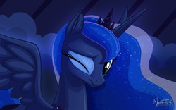 Size: 2560x1600 | Tagged: safe, artist:mysticalpha, princess luna, alicorn, pony, g4, female, looking at you, mare, one eye closed, smiling, solo, spread wings, wallpaper, wink