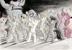 Size: 1920x1340 | Tagged: safe, artist:abyssalemissary, derpy hooves, dj pon-3, doctor whooves, iron will, lyra heartstrings, octavia melody, pinkie pie, prince blueblood, time turner, trixie, vinyl scratch, oc, earth pony, pegasus, pony, unicorn, zombie, g4, dancing, female, male, mare, stallion, thriller, traditional art