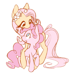 Size: 777x794 | Tagged: safe, artist:chop4, fluttershy, pinkie pie, earth pony, pegasus, pony, cute, diapinkes, eye contact, female, floral head wreath, flower, flower in hair, flutterpie, hug, lesbian, looking at each other, looking up, mare, missing cutie mark, open mouth, ponk, raised hoof, raised leg, shipping, simple background, size difference, smiling, transparent background