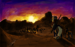 Size: 1432x900 | Tagged: safe, artist:masterjosh140, applejack, winona, g4, a boy and his dog, bandage, collar, desert, dog collar, gun, hat, pet, post-apocalyptic, rifle, ruins, sign, sunset