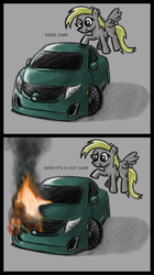 Size: 1149x2054 | Tagged: safe, artist:sevoohypred, derpy hooves, pegasus, pony, g4, car, female, fire, flying, grin, mare, poking, pun, raised eyebrow, smiling, solo, spread wings, touch