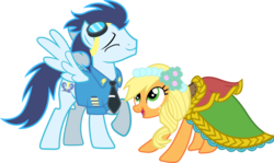 Size: 1159x689 | Tagged: safe, artist:offical-lunaflaire, applejack, soarin', g4, clothes, dancing, dress, female, male, straight