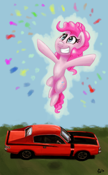 Size: 1280x2070 | Tagged: safe, artist:sevoohypred, pinkie pie, g4, car, chrysler, chrysler valiant charger, confetti, female, jumping, solo