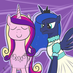 Size: 2400x2400 | Tagged: safe, artist:hardcyder, princess cadance, princess luna, g4, clothes, dress, high res