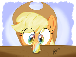 Size: 2048x1536 | Tagged: safe, artist:stuhp, applejack, g4, leap of faith, bits, bust, female, inception, looking at something, portrait, rainbow, solo, spinning