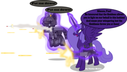 Size: 3387x1941 | Tagged: safe, artist:vector-brony, oc, oc only, oc:lacunae, alicorn, earth pony, pony, fallout equestria, fallout equestria: project horizons, alicorn oc, armor, artificial alicorn, fallout, fanfic, fanfic art, female, glowing horn, gun, hooves, horn, levitation, magic, mare, minigun, open mouth, power armor, purple alicorn (fo:e), rocket launcher, shooting, simple background, spread wings, steel ranger, telekinesis, transparent background, weapon, wings