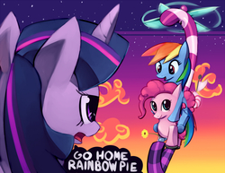 Size: 1035x800 | Tagged: safe, artist:negativefox, pinkie pie, rainbow dash, twilight sparkle, g4, dialogue, female, helicopter, lesbian, ship:pinkiedash, shipping