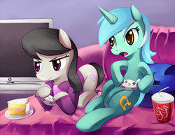 Size: 1200x927 | Tagged: safe, artist:negativefox, lyra heartstrings, octavia melody, earth pony, pony, unicorn, g4, cake, console, controller, drink, octavia is not amused, soda, television, unamused, video game