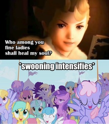 Size: 596x678 | Tagged: safe, bon bon, derpy hooves, lyra heartstrings, sweetie drops, pegasus, pony, g4, bravely default, crossover, female, image macro, implied human on pony action, mare, meme, ringabel