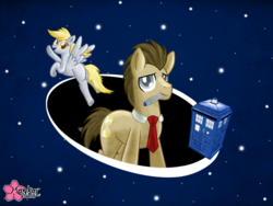 Size: 4180x3136 | Tagged: safe, artist:clouddg, derpy hooves, doctor whooves, time turner, pegasus, pony, g4, doctor who, duo, female, mare, sonic screwdriver, tardis