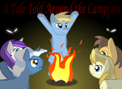 Size: 700x515 | Tagged: safe, artist:salted pingas, blue skies, cerulean skies, chance-a-lot, cold front, creme brulee, pokey pierce, suave touch, earth pony, original species, pegasus, pony, timber pony, timber wolf, unicorn, g4, background pony, campfire, camping, camping trip, cover, cover art, everfree forest, female, male, mare, night, stallion