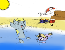 Size: 1024x784 | Tagged: safe, artist:blayaden, derpy hooves, dinky hooves, pegasus, pony, g4, beach, equestria's best mother, female, mare, swimming