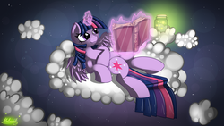 Size: 3000x1687 | Tagged: safe, artist:malamol, twilight sparkle, alicorn, firefly (insect), insect, pony, g4, book, cloud, cloudy, female, jar, lying on a cloud, magic, mare, reading, solo, twilight sparkle (alicorn)