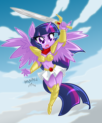 Size: 1990x2400 | Tagged: safe, artist:danmakuman, twilight sparkle, anthro, g4, ambiguous facial structure, armor, armpits, belly button, breasts, busty twilight sparkle, cleavage, clothes, cloud, cloudy, female, midriff, mugen senshi valis, skirt, sky, solo, sword, twilight sparkle (alicorn), unconvincing armor, valis, weapon, yuko asou