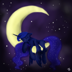 Size: 1429x1417 | Tagged: safe, artist:jayesixx, princess luna, g4, crescent moon, female, mare in the moon, moon, sleeping, solo, tangible heavenly object, transparent moon