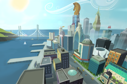 Size: 2698x1799 | Tagged: safe, artist:nekokevin, pony, architecture, boat, bridge, building, carriage, city, cityscape, cloud, crystaller building, friendship express, manehattan, pier, sailboat, sky, stadium, street, sun, taxi, taxi pony, train, unknown pony, water