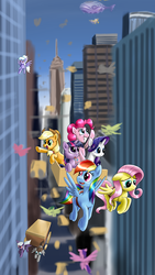 Size: 1800x3200 | Tagged: safe, artist:nekokevin, applejack, cloudchaser, fluttershy, pinkie pie, rainbow dash, rarity, twilight sparkle, alicorn, earth pony, pegasus, pony, unicorn, g4, airship, city, flying, frown, grin, mane six, open mouth, riding, smiling