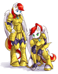 Size: 1015x1276 | Tagged: safe, artist:audrarius, oc, oc only, oc:lotus heat, oc:petal spark, pegasus, anthro, unguligrade anthro, armor, colored sketch, female, guardsmare, kneeling, mare, royal guard, twins, wings