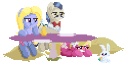 Size: 484x260 | Tagged: safe, artist:mrponiator, angel bunny, horte cuisine, lily, lily blossom, lily valley, savoir fare, earth pony, pony, g4, animated, bow, bowtie, carrot, eating, female, flower, flower in hair, herbivore, horses doing horse things, male, mare, pixel art, scared, simple background, stallion, table, transparent background