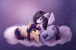 Size: 1280x853 | Tagged: safe, artist:guinefurrie, oc, oc only, oc:giddyflirt, oc:shebang, blushing, butterfly wings, cloud, snuggling